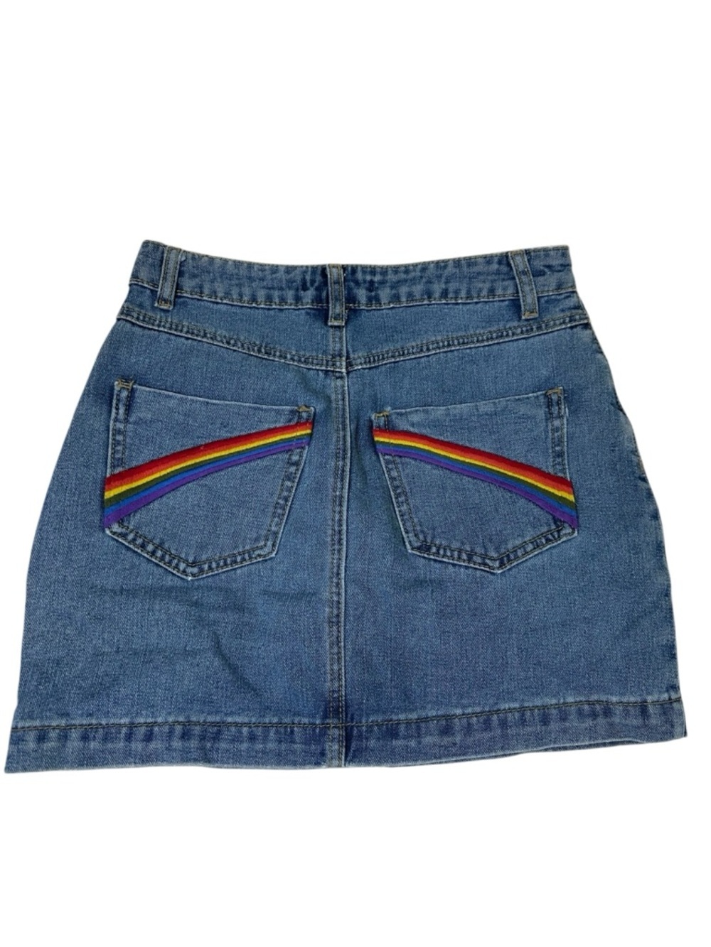 Forever21 Denim Mini Skirt Rainbow Pockets LGBTQ Mini Jean skirt Sz S